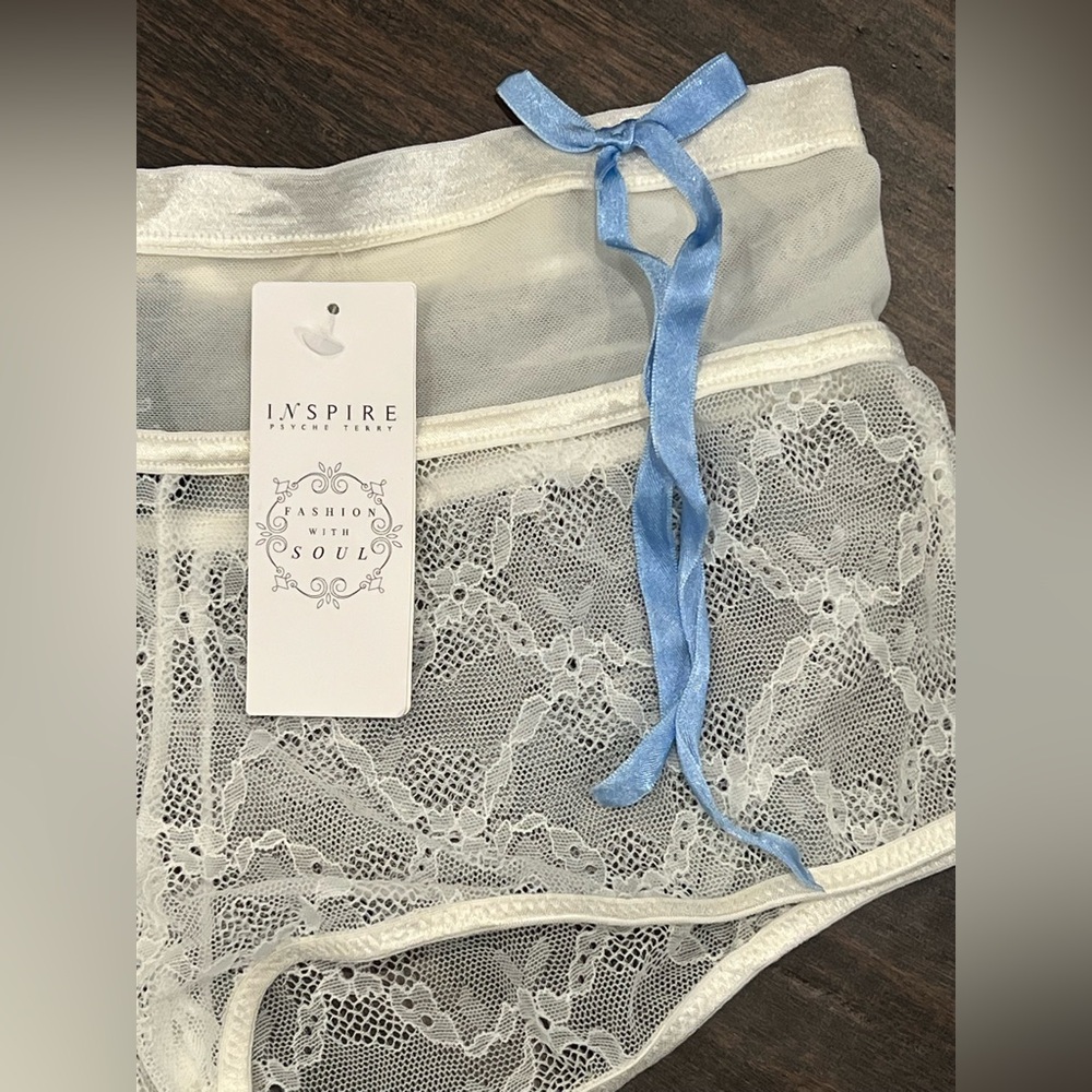 Inspire Women's White‎ Lace Panties with Blue Ribbon